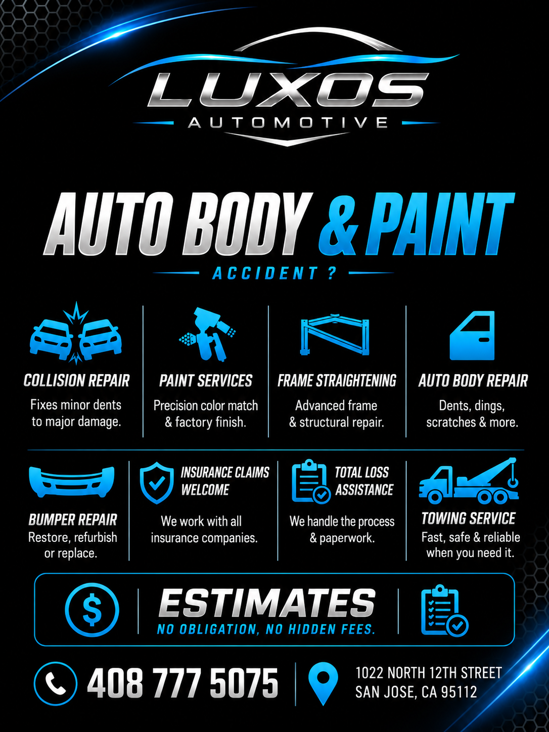 Luxos Automotive auto body and paint flyer
