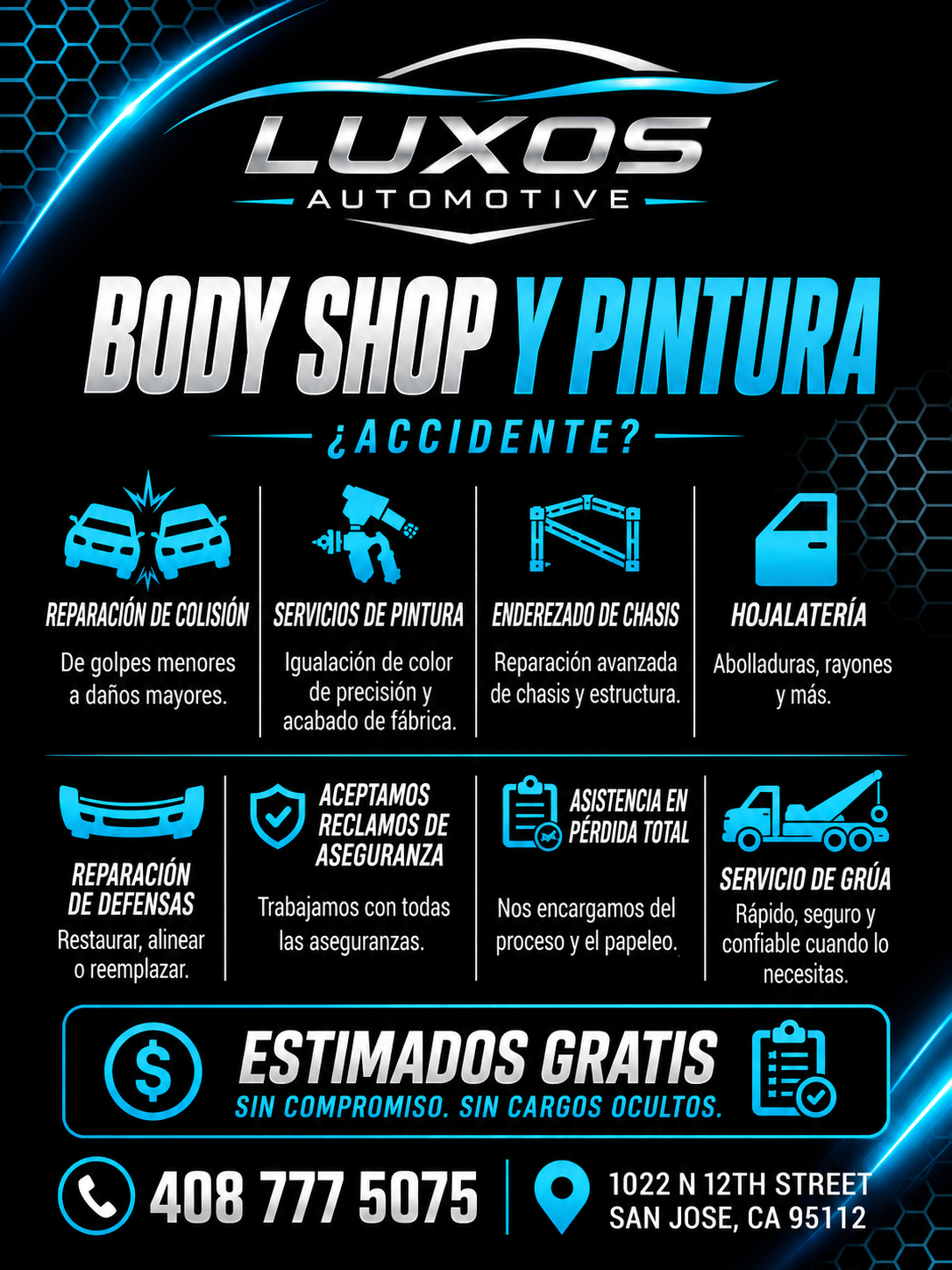 Luxos Automotive body shop and pintura flyer in Spanish